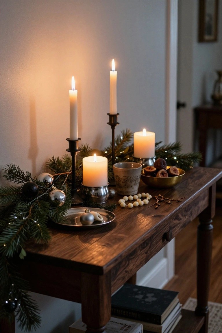Wooden side table holding lit white pillar and taper candles in black and silver holders, pine branches with silver and black ornaments, gold bowl of dried figs, gray pottery mug, beads, and small plates against a light gray wall near a closed door.