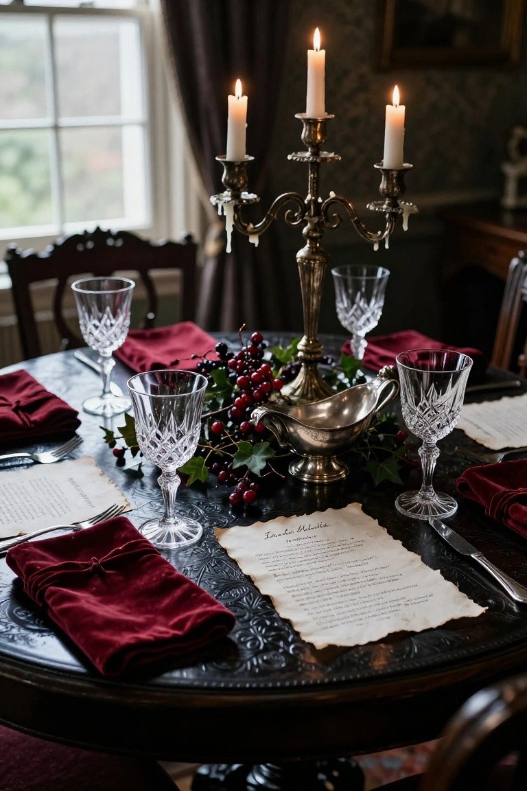 Close view of a round carved dark wood dining table set for Christmas with a central brass candelabra holding lit candles, holly berries and ivy greenery, crystal wine glasses, red velvet napkins, silverware, and a parchment note.