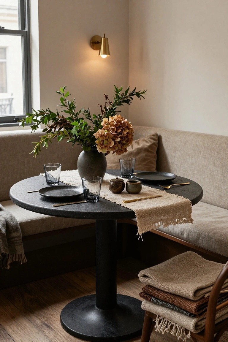 Beige fabric banquette in a light room corner with round matte black table set for two using black plates, gold flatware, textured beige runner, two gray ceramic pots, glass tumblers, gray vase of dried hydrangeas and branches, beige pillows, stacked throws on a wooden chair, gold wall sconce, and window nearby.