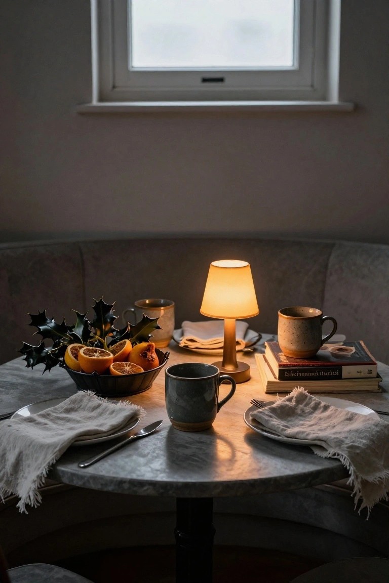 Small round marble table in curved gray banquette seating by a window, with lit brass table lamp, two ceramic mugs, plates, silverware on linen napkins, stacked books, and black bowl of oranges with holly branches.