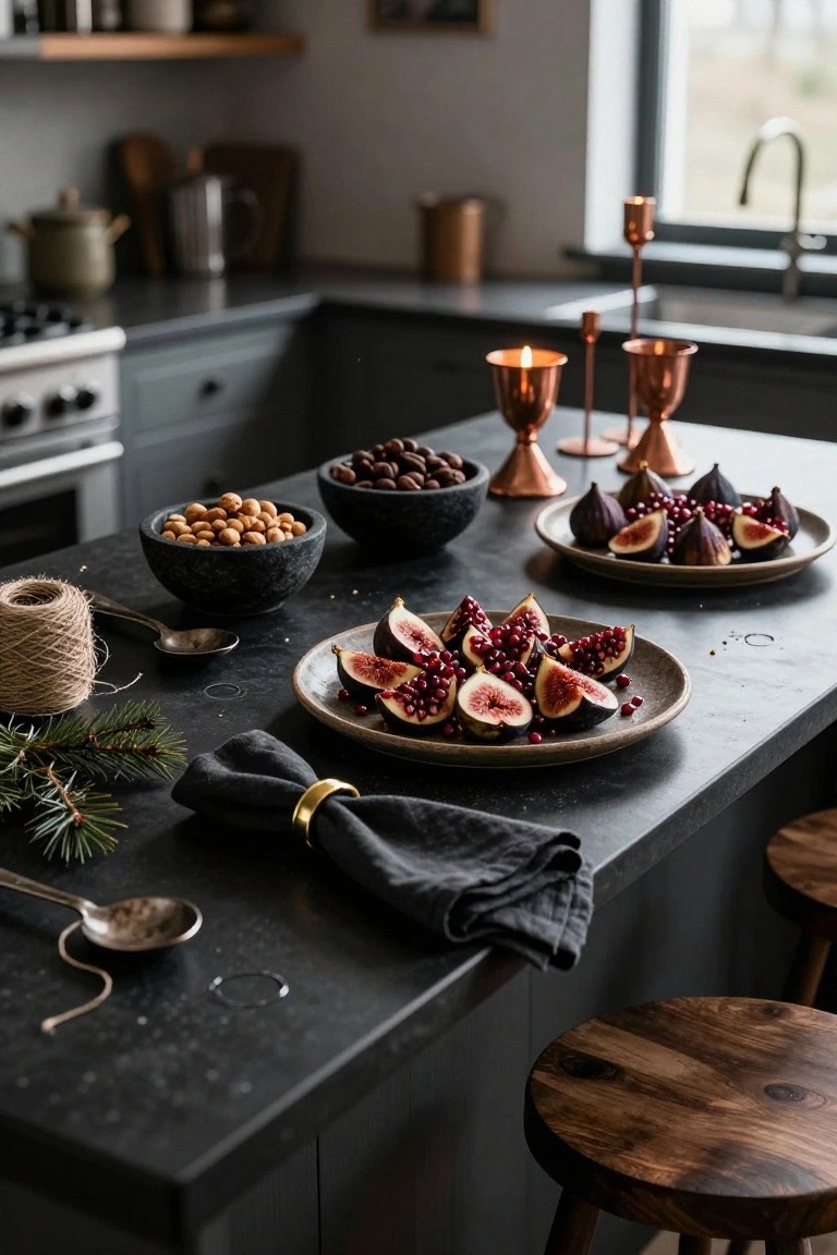 Dark kitchen island with black stone bowls of nuts, platters holding sliced figs garnished with pomegranate seeds, copper candle holders, pine branches, twine-wrapped spoons, and wooden stools.