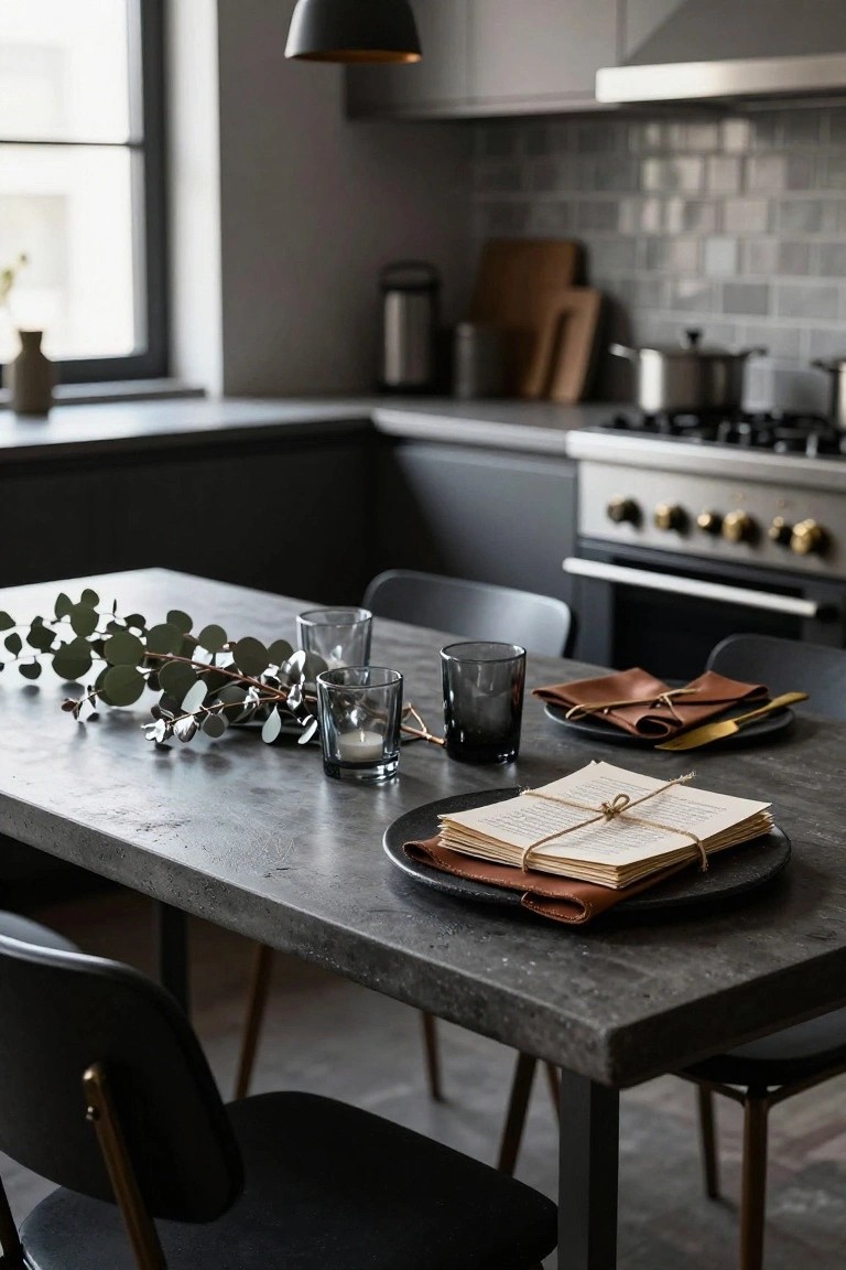 Modern dark kitchen table with eucalyptus, candles, books, and leather accents.