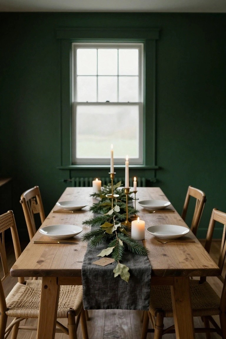Wooden dining table in a dark green room set with white plates, gold flatware, gray runner topped by evergreen garland and gold candlesticks with white pillar candles, chairs at ends, window behind.