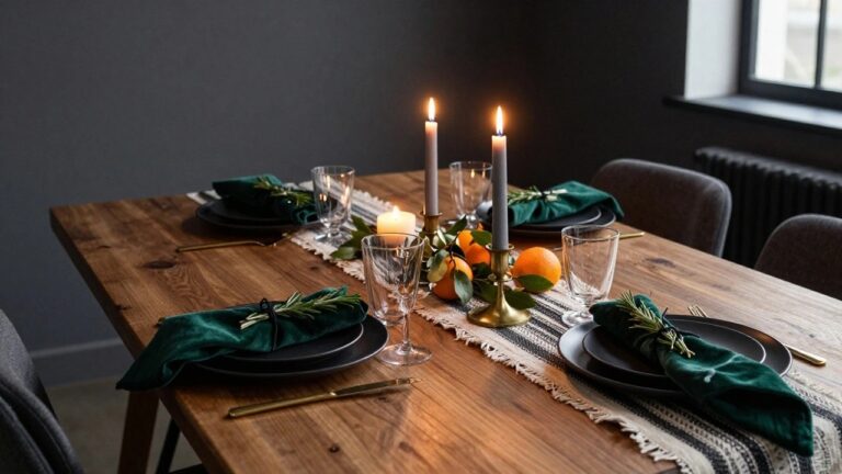 Wooden dining table set with matte black plates on gold chargers, emerald green velvet napkins tied with rosemary, glasses, and flatware, centered by a runner of whole oranges, green leaves, and white candles.