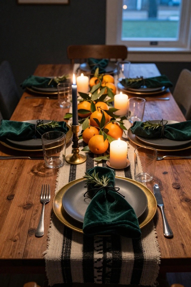 Wooden dining table set with matte black plates on gold chargers, emerald green velvet napkins tied with rosemary, glasses, and flatware, centered by a runner of whole oranges, green leaves, and white candles.