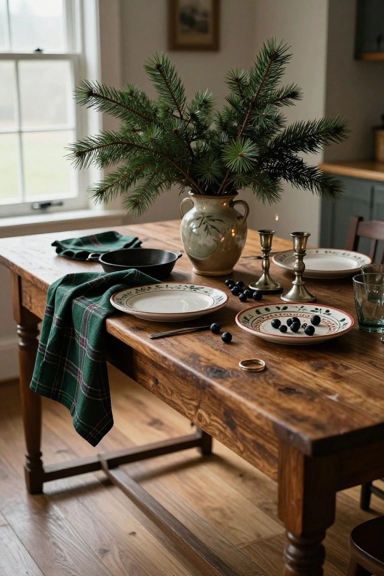 Rustic wooden dining table with a large ceramic vase of fir branches as centerpiece, flanked by silver candlesticks, plates topped with olives, a black cast iron pot, white plates with green designs, green plaid napkins, and a glass in a room with window and cabinets.
