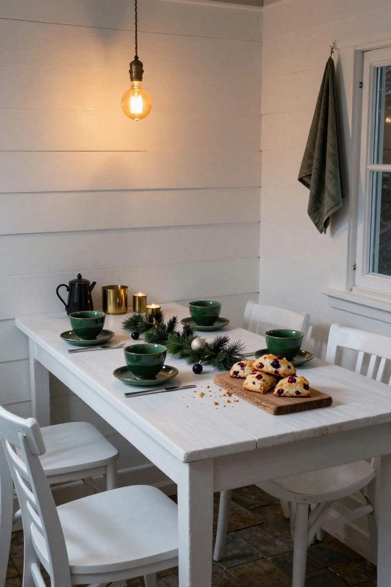 White wooden dining table in a light shiplap room, set with green ceramic teacups, saucers, teapot, scones topped with berries on a wooden board, pine branches, candles, and gold accessories under a hanging exposed-bulb light fixture.