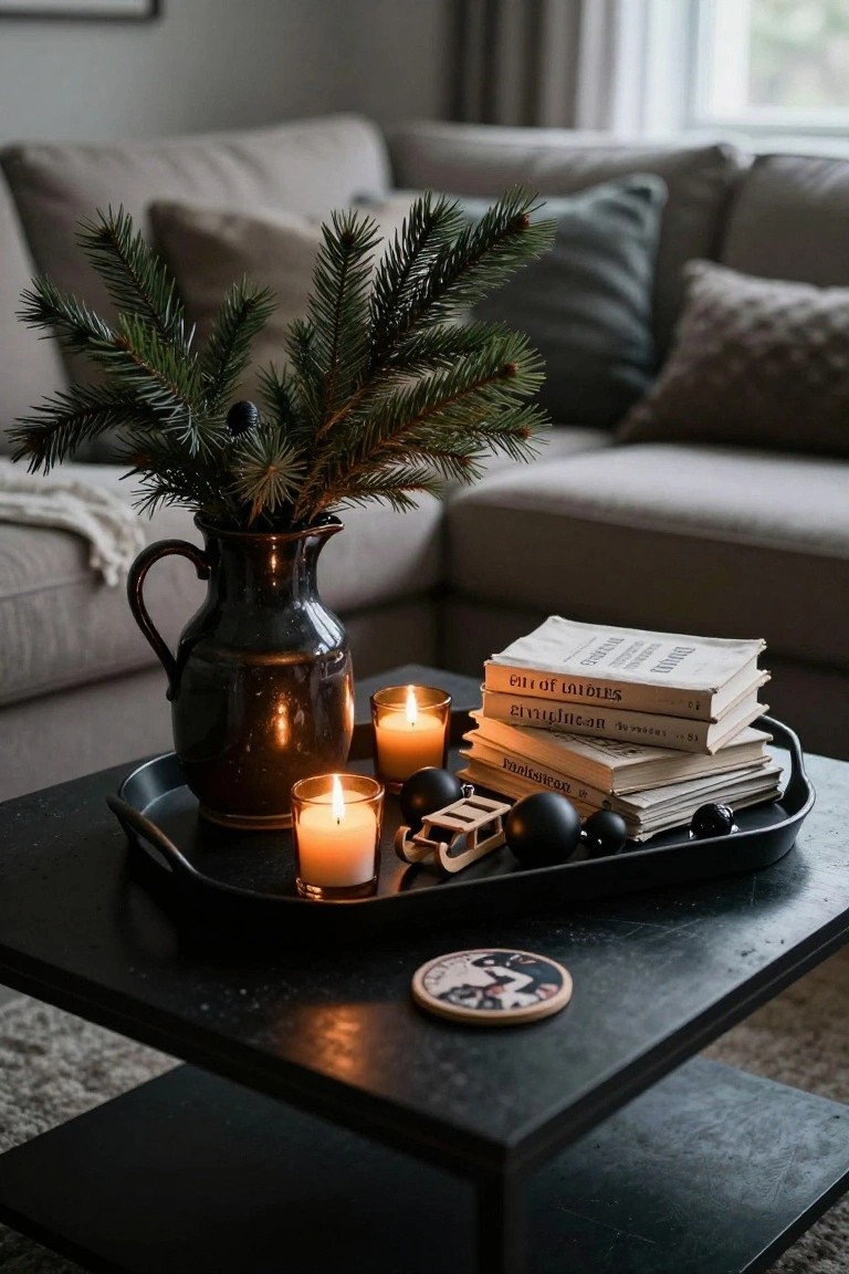 Black rectangular tray on a low black metal coffee table holding lit candles in glass holders, stacked beige books, black spherical ornaments, and a wooden toy car, next to a copper pitcher of evergreen branches beside a gray sofa.
