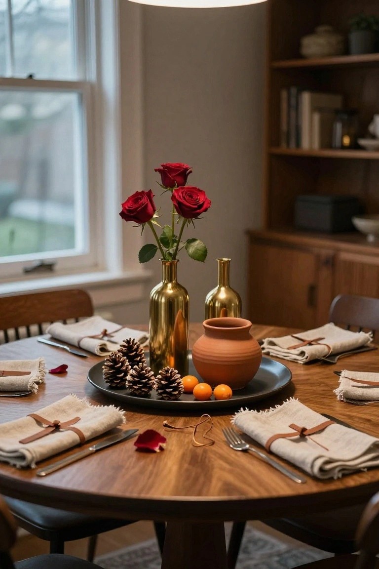Wooden dining table close-up set with beige linen napkins tied in leather, gold vases holding red roses, two gold bottles, a black plate holding pinecones, oranges, and a terracotta pot, forks and knives nearby, bookshelves and window in background.