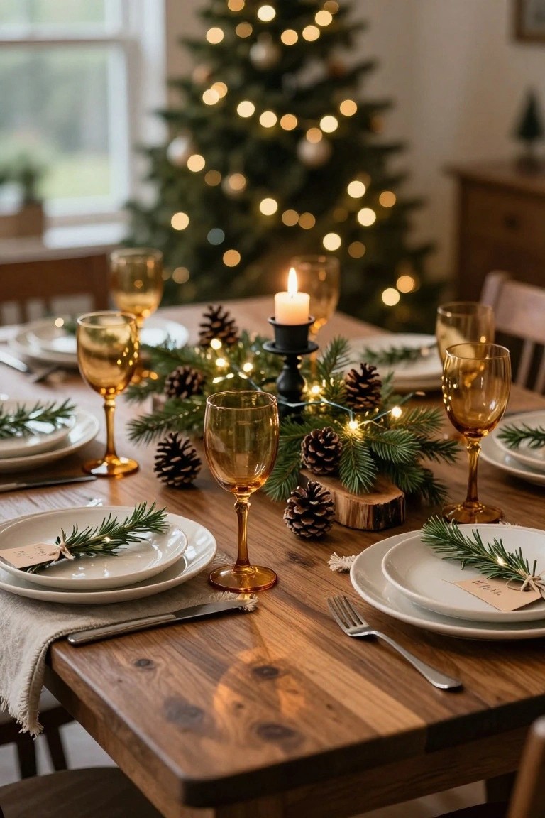 Festive wooden table set with amber glasses, pine boughs, candles, and glowing Christmas tree.