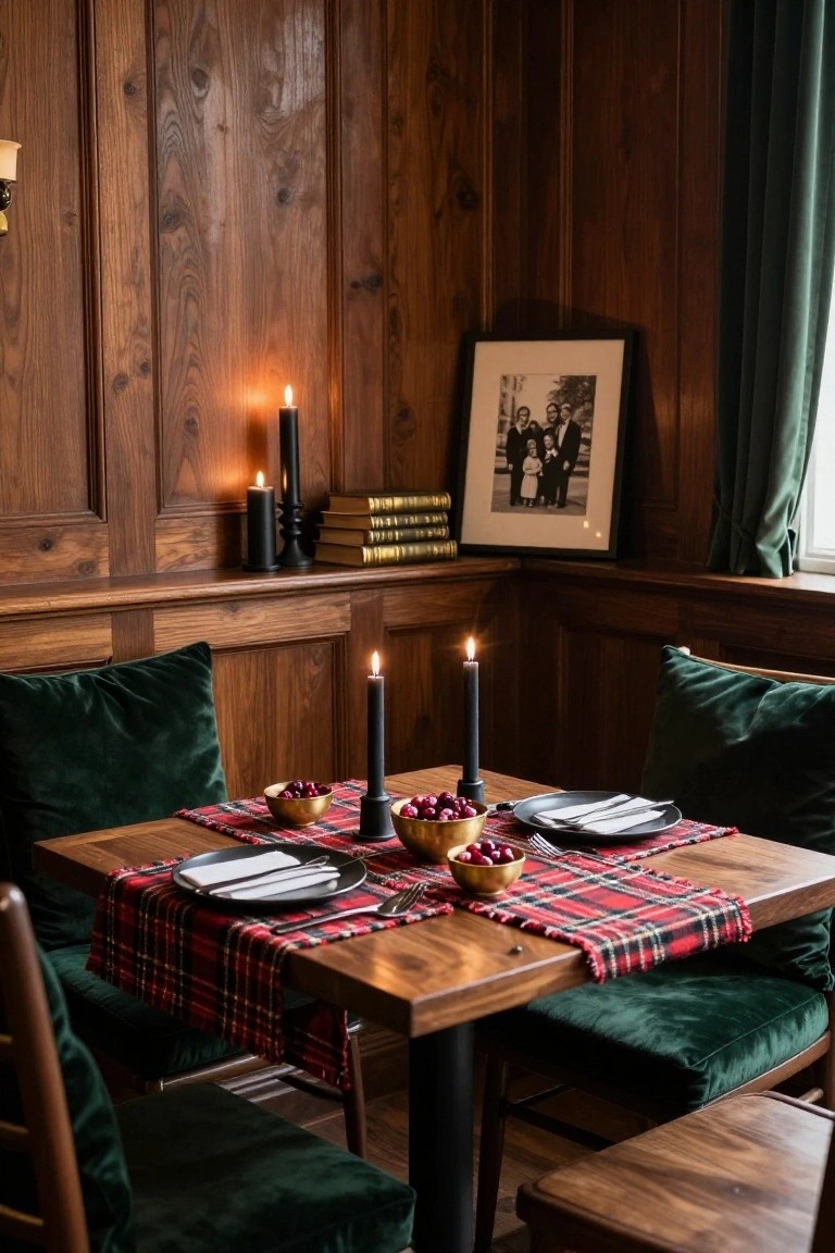 Wood-paneled dining nook with green velvet banquette seating around a square wooden table topped with red plaid runner, black plates, brass bowls of red berries, and black taper candles.
