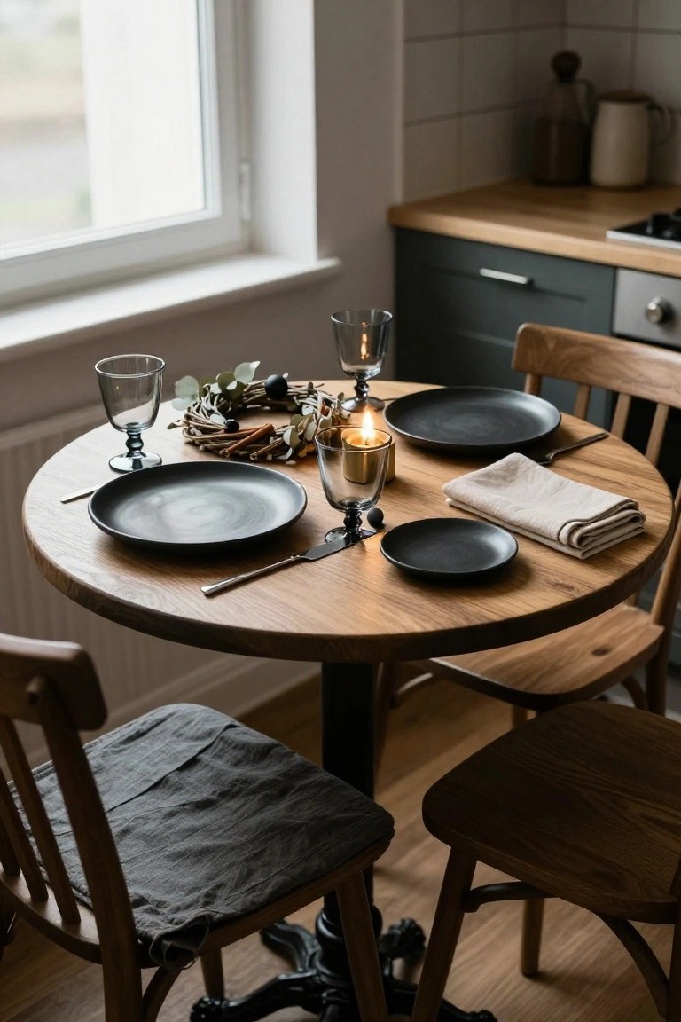 Close-up of a small round wooden table in a kitchen set for two people, with black plates, small black side plates, glassware, cutlery, gold candle holder, and wreath centerpiece of eucalyptus and cinnamon sticks, surrounded by wooden chairs and green cabinets.