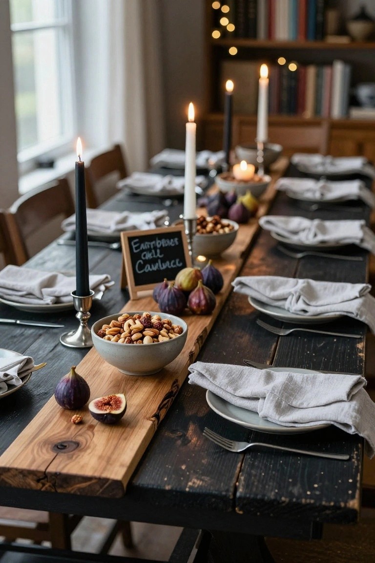 A dining table with a long wooden board runner down the center holding figs, nuts in bowls, and candles, flanked by gray linen napkins, white plates, and silverware on dark wood.