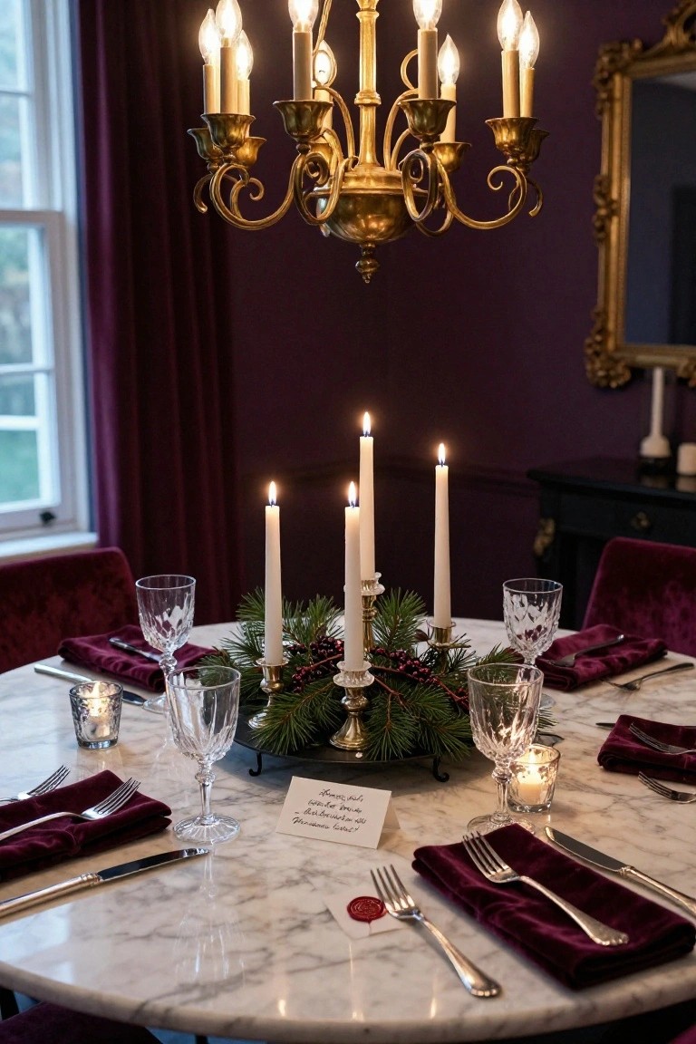 Round marble dining table set with purple velvet napkins, crystal glassware, silverware, and a central pine wreath holding white taper candles and red berries, under a gold chandelier in a purple-walled room.