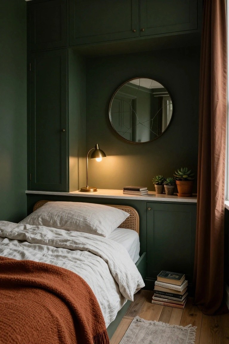 Small bedroom with deep green built-in cabinets and shelving recessed around a low bed with rattan headboard, white linens, orange throw, brass lamp, potted succulents, books, round mirror, and rust-colored curtains.