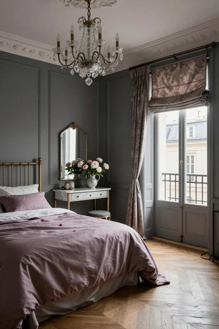 Light gray paneled bedroom with brass bedframe and purple duvet, gold-accented vanity table holding a bouquet of pink peonies and oval mirror, crystal chandelier overhead, and French doors with patterned drapes opening to a balcony.
