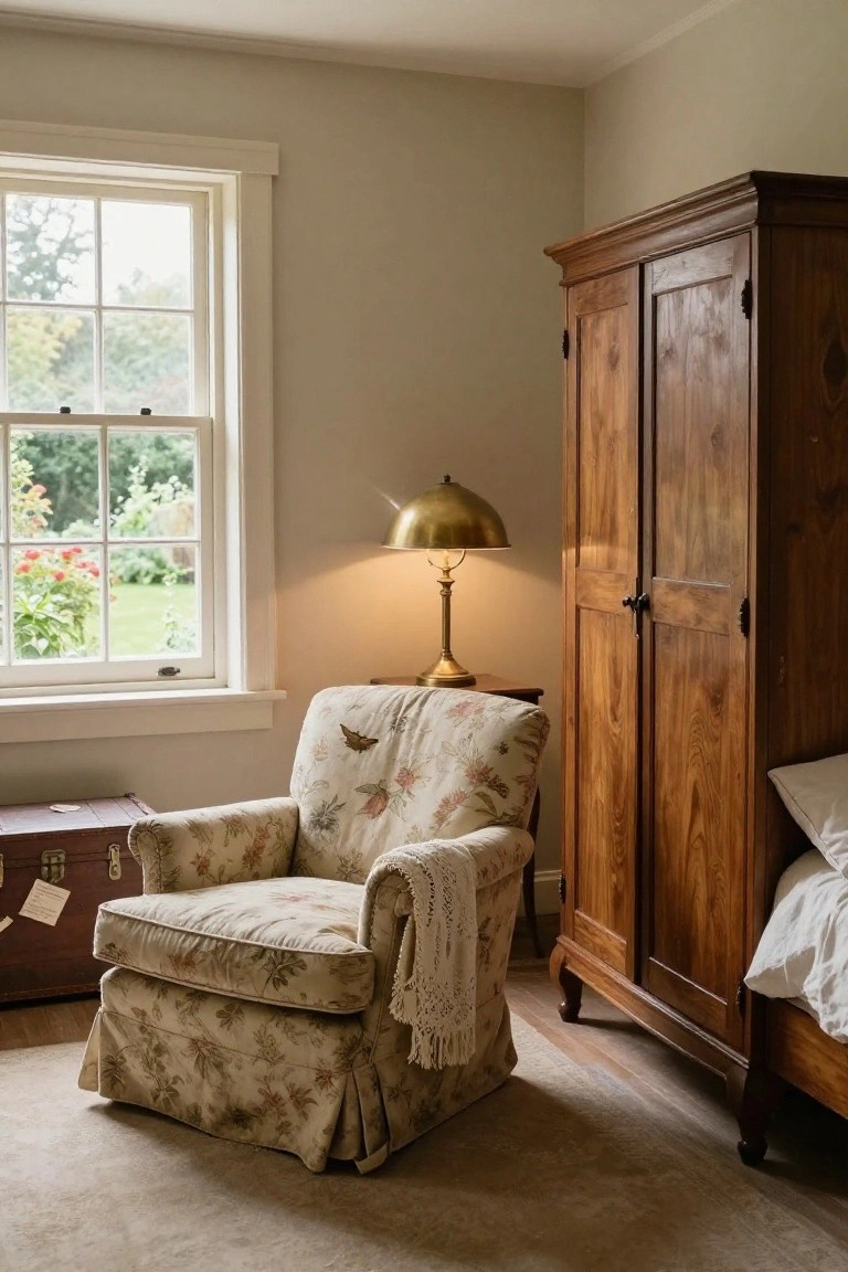 Bedroom corner with a skirted floral armchair, brass lamp on a trunk beside it, tall wooden wardrobe, partial bed, and window showing garden outside.