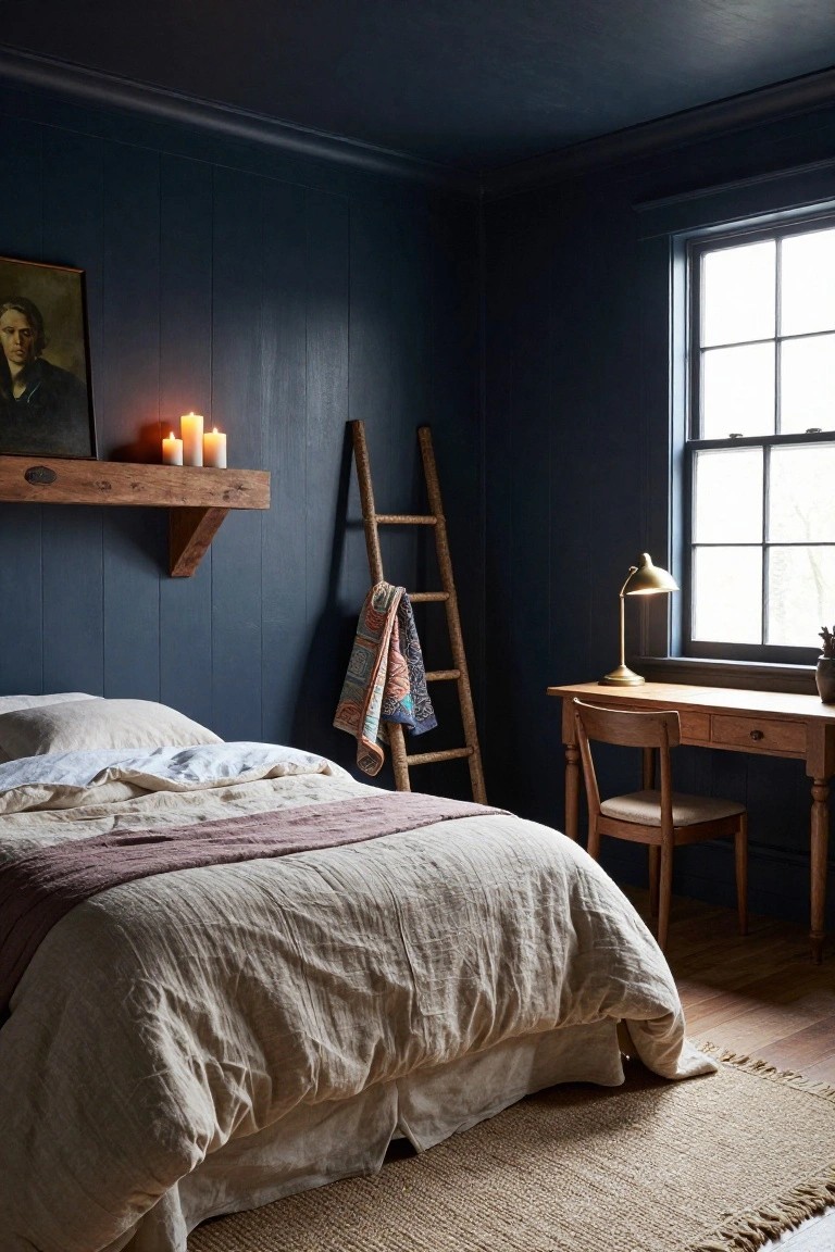 Bedroom with dark navy paneled walls, wooden shelf holding candles and portrait painting, ladder draped with blanket, wooden desk and chair with brass lamp, bed dressed in white linens and mauve throw, seagrass rug on wood floor.