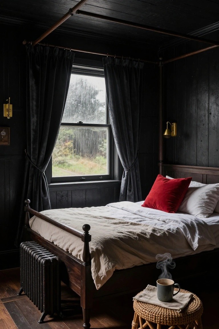 A bedroom with dark wood-paneled walls and ceiling, wooden four-poster bed with white linens and red velvet pillows, cast iron radiator beside the bed, rattan stool with teacup and cloth napkin, and large window with dark curtains showing rainy landscape outside.