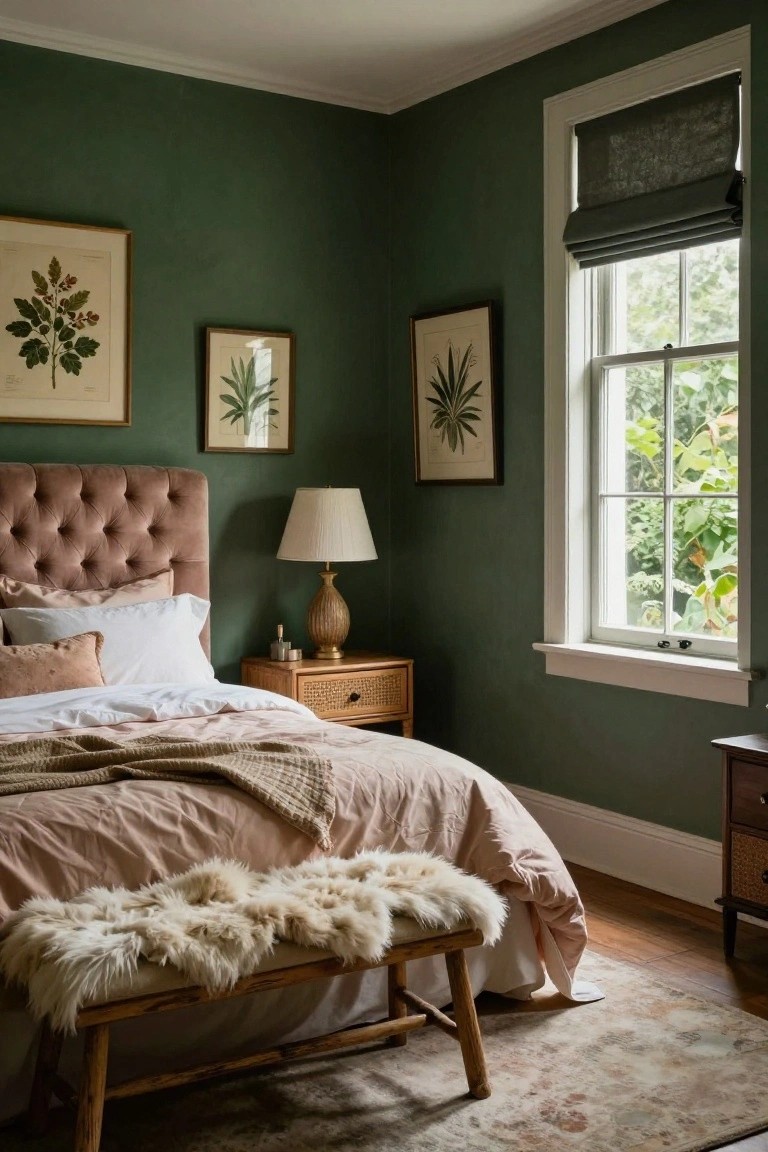 Bedroom corner featuring deep green walls, tufted blush pink upholstered headboard with pink and white bedding, wooden nightstand with ceramic lamp, botanical prints, wooden bench with sheepskin, and window with roman shade overlooking plants.