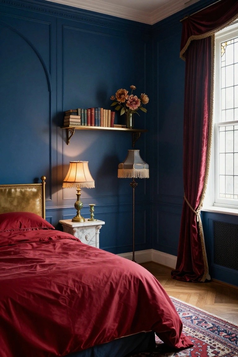 Bedroom with deep navy blue paneled walls, gold leather headboard bed covered in red sheets, brass table lamps on marble pedestal, tall fringed floor lamp, wall shelf with books and flowers, red velvet curtains on stained glass window.