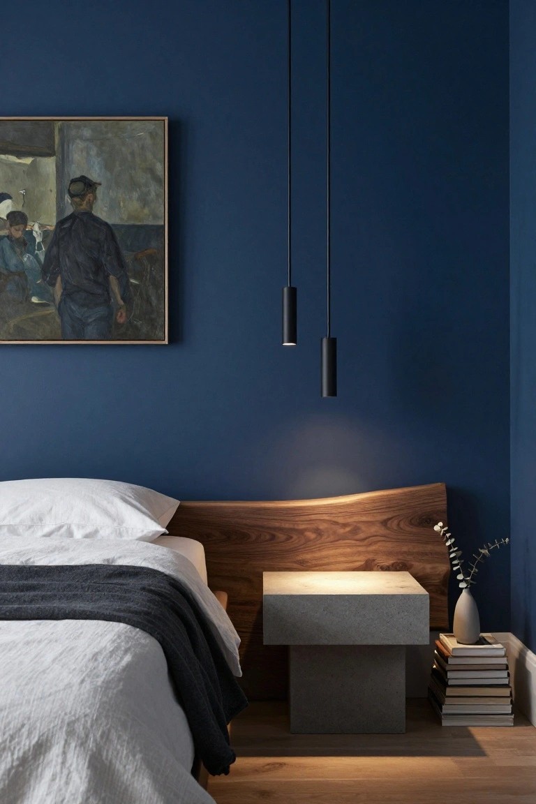 Bedroom with deep navy blue walls, live-edge walnut headboard bed dressed in white linens and gray throw, tall concrete pedestal nightstand with stacked books and vase of eucalyptus, two black pendant lights hanging above, and framed painting on the wall.
