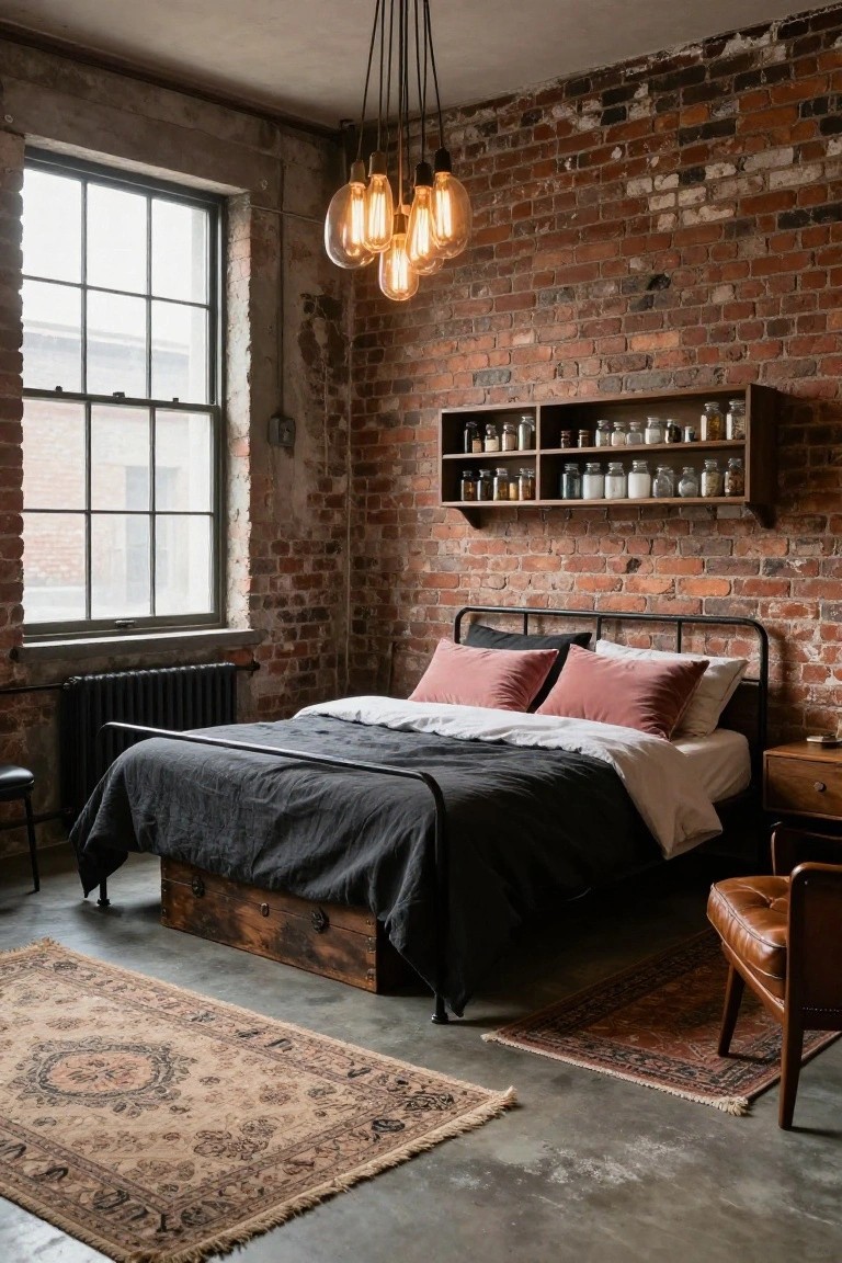 A bedroom with exposed red brick walls, black metal bed frame topped with pink pillows and white sheets, hanging Edison bulb pendants, wooden wall shelves holding glass jars, leather armchair, wooden side table, and patterned rugs on concrete floor.