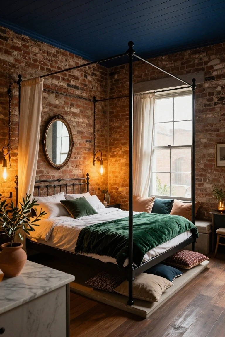 A bedroom with exposed red brick walls, navy blue paneled ceiling, tall black iron canopy bed with white drapes and green velvet bedding, round mirror, pendant lights, plants, and marble side table on wood floor.