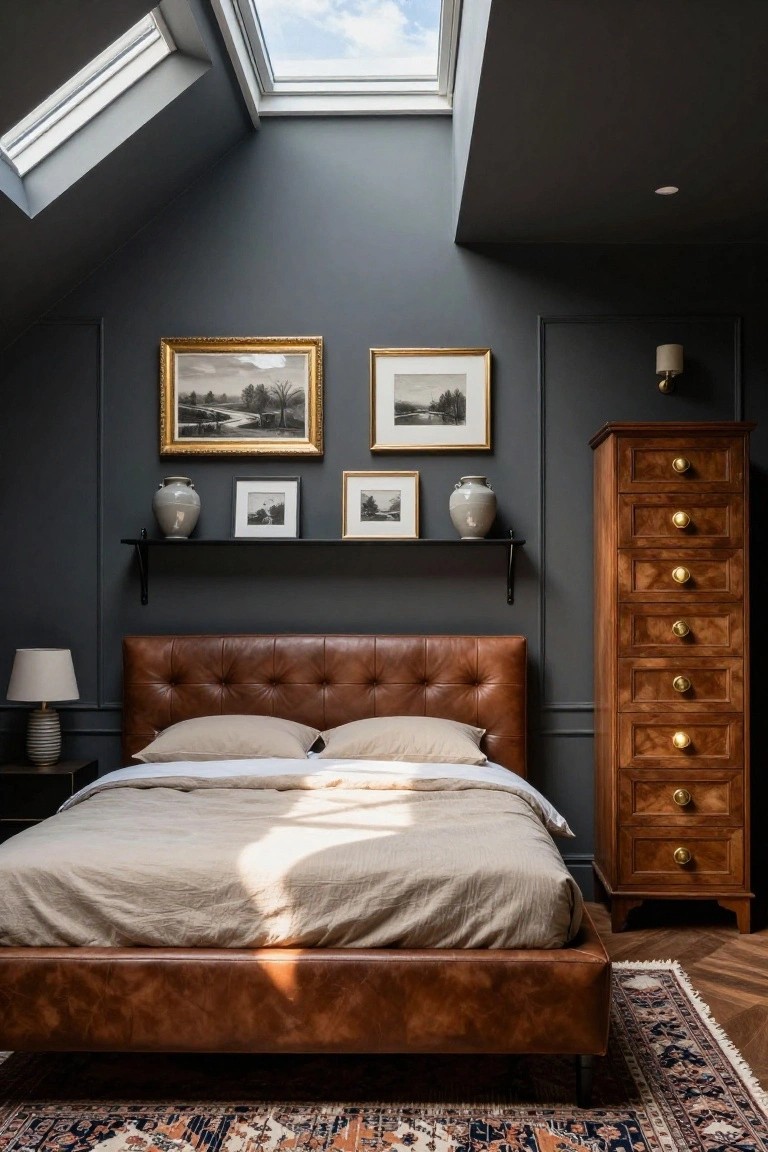 Attic bedroom with sloped charcoal gray walls, tufted tan leather platform bed dressed in white linens, tall wooden six-drawer chest, gold-framed black-and-white artwork and shelves with vases, bedside lamp, skylights, and Persian rug on parquet floor.