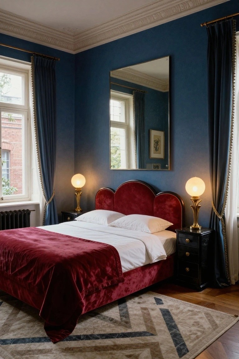 Bedroom interior featuring deep navy blue walls, a red velvet upholstered bed with curved heart-shaped headboard, two black nightstands with gold lamps, a large mirror opposite the bed, and blue drapes on two windows.