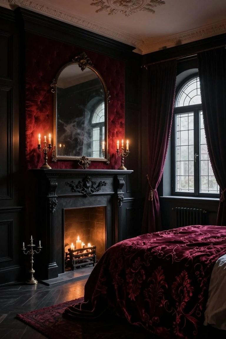 Moody bedroom interior with ornate black carved fireplace burning logs and candles, tufted deep red walls, large gold-framed arched mirror, crimson velvet bed, black wood paneling, and burgundy drapes over arched window.
