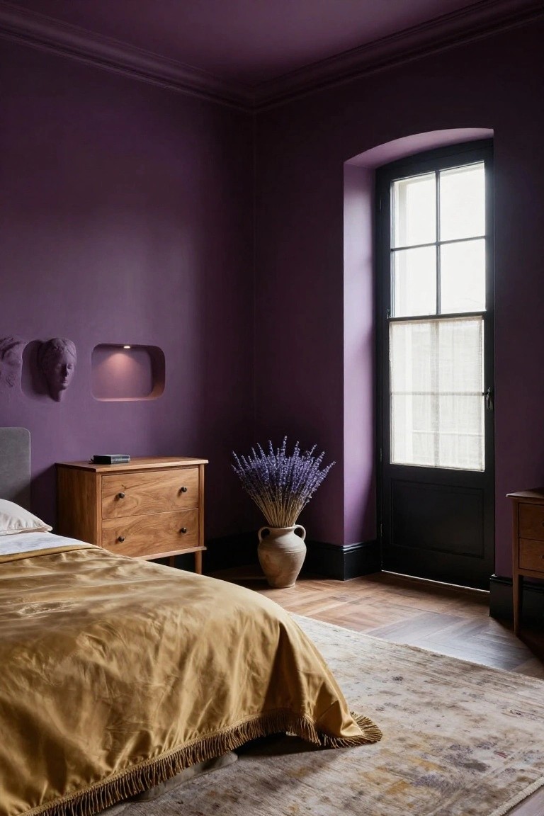Corner of a bedroom with deep purple walls, gold velvet bedspread on a low bed, wooden dresser and nightstand, potted lavender bouquet, arched black-framed window with sheer curtains, wall niche holding illuminated plaster bust, and wood floor with patterned rug.