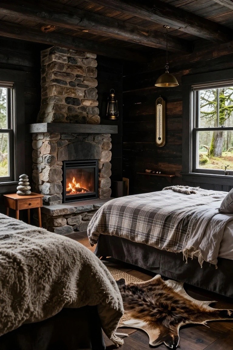 Rustic log cabin bedroom interior with a large stacked stone fireplace, two beds with plaid and gray bedding, a fur rug on wood floors, and windows showing a forested view.