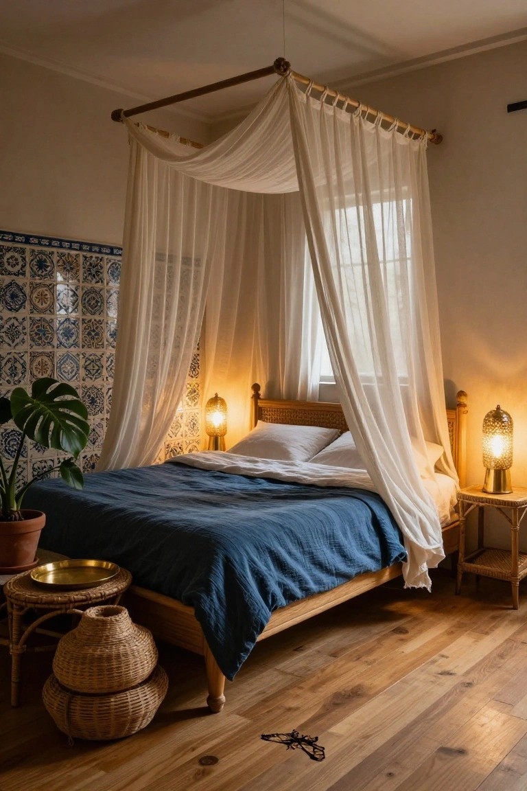 A bedroom with a wooden four-poster bed draped in sheer white canopy fabric over navy blue sheets, flanked by brass lamps, a potted monstera plant near blue tiled walls, and rattan furniture on hardwood floors.