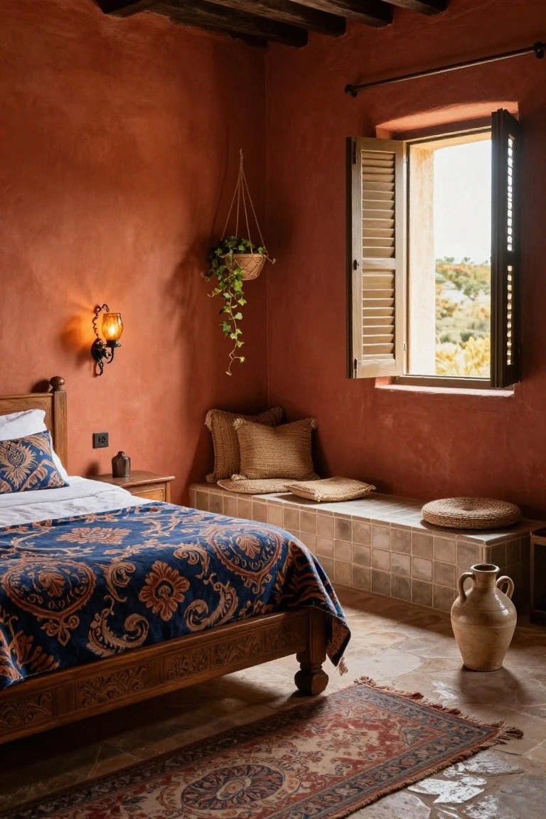 Bedroom with orange terracotta plaster walls, wooden bed draped in blue patterned bedding, beige cushioned bench, hanging ivy plant, wall lamp, open louvered window, and terracotta vase on tiled floor.