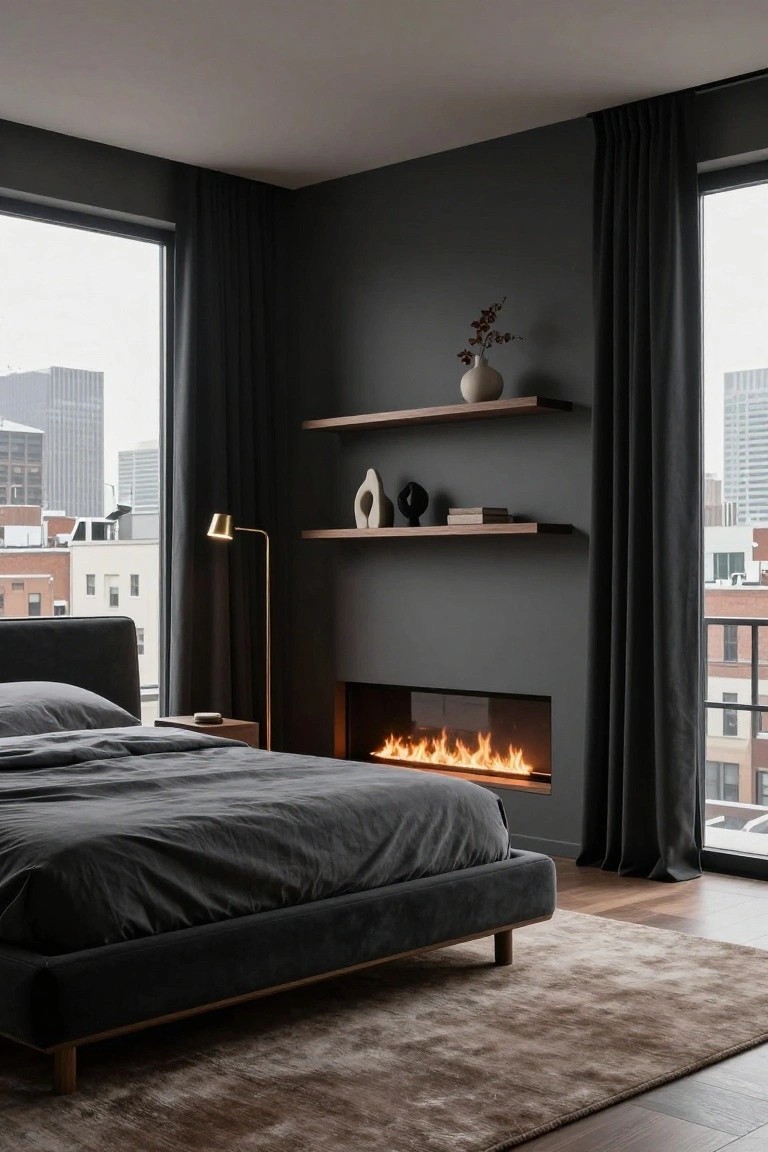 Modern bedroom with charcoal gray walls, horizontal gas fireplace integrated into the wall beside a gray velvet bed, floating wooden shelves displaying ceramics and books, a floor lamp, hardwood floors, beige rug, and large curtained windows overlooking city buildings.
