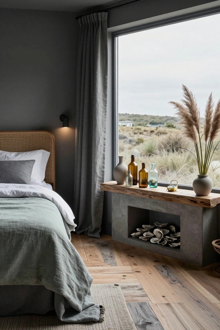 Bedroom interior with rattan headboard bed draped in sage green linen sheets, large window sill shelf holding gray vases, glass bottles, pampas grass, overlooking dunes and scrub landscape, concrete base below with oyster shells, gray walls, and herringbone wood floors.