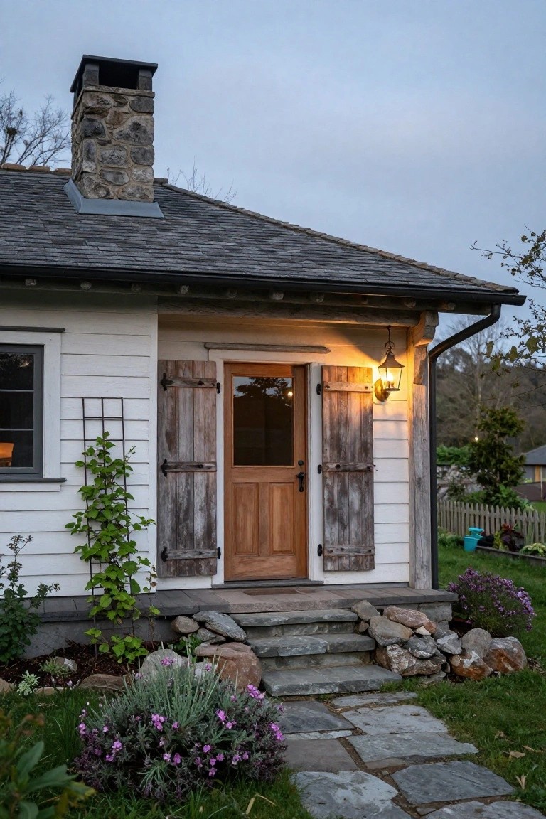 White clapboard cottage exterior with gray shingle roof, stone chimney, open barn-style wooden shutters flanking a wooden screen door, hanging lantern light, climbing vines on trellis, lavender plants, stone steps, and rock garden beds.