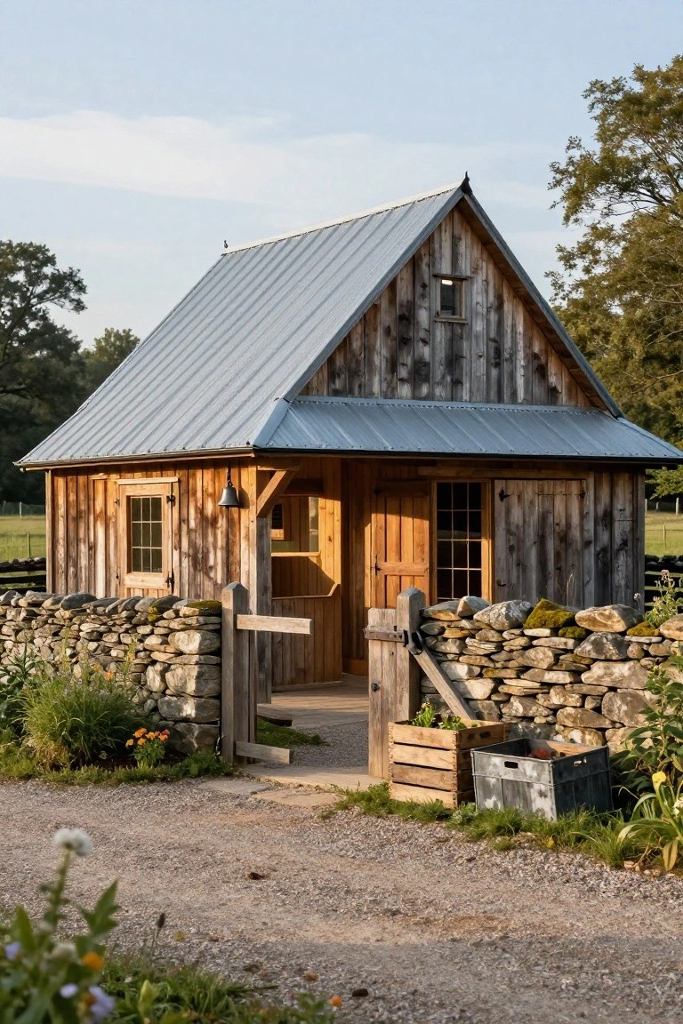 Small wooden cottage with vertical board and batten siding, gray metal A-frame roof, wooden entry door flanked by a bell, small window on side, enclosed by dry-stacked stone wall with wooden gate, gravel path, plants, and wooden crates in front.