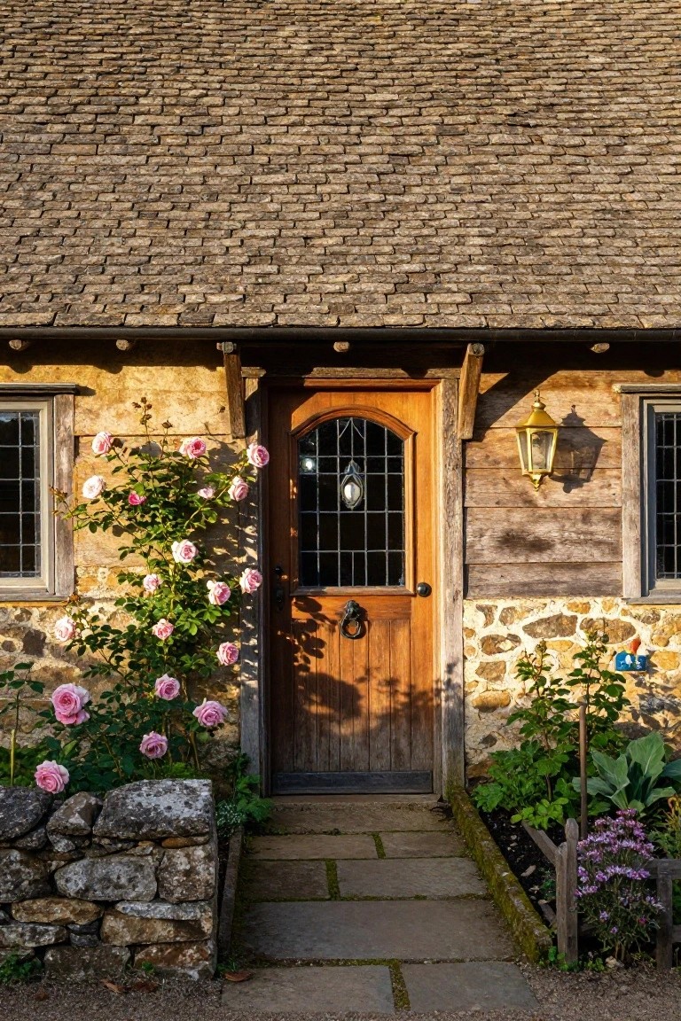 Rustic stone cottage exterior featuring an arched wooden door with leaded glass and black knocker, pink climbing roses on the wall, brass lantern light, and adjacent garden beds along a stone path.