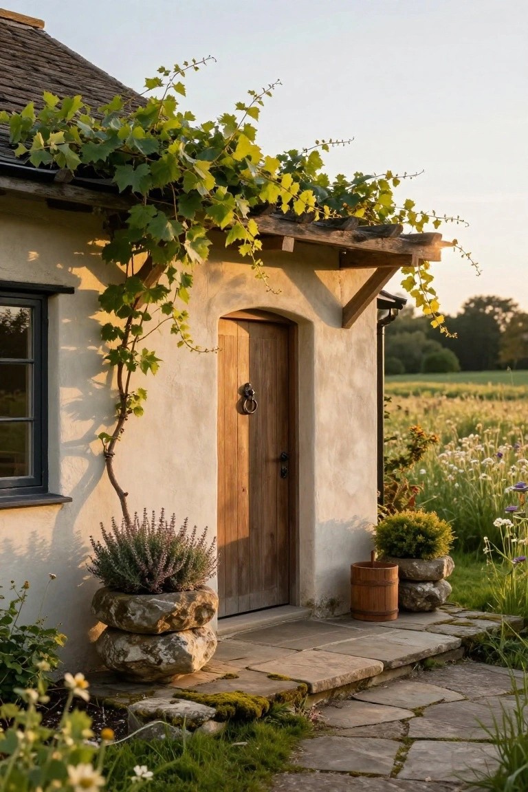 Beige stucco cottage exterior with arched wooden door and black iron knocker, covered in green climbing vines, flanked by potted lavender and grasses on a stone step, with rural fields in the background at sunset.