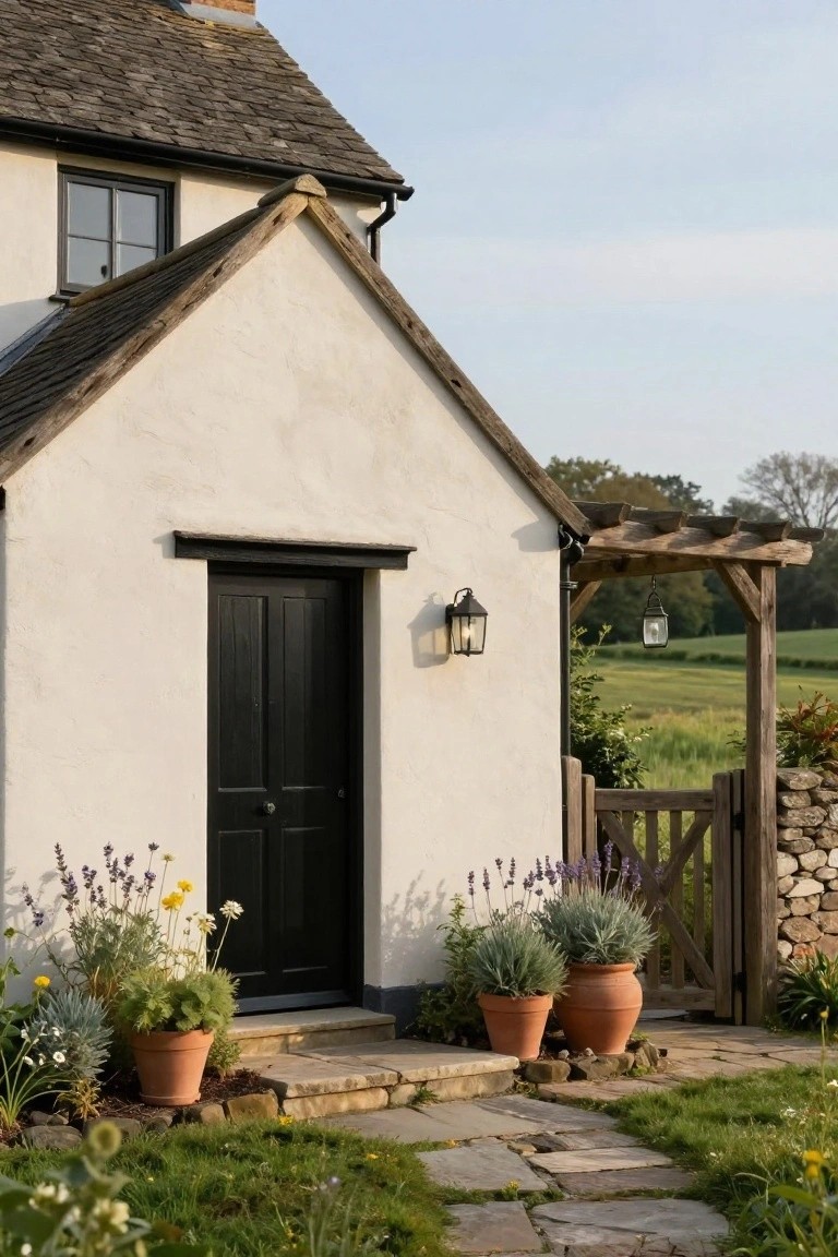 White rendered cottage exterior featuring a black front door flanked by large terracotta pots of grasses and lavender on stone steps, with wall lanterns, wooden pergola gate, and garden path.