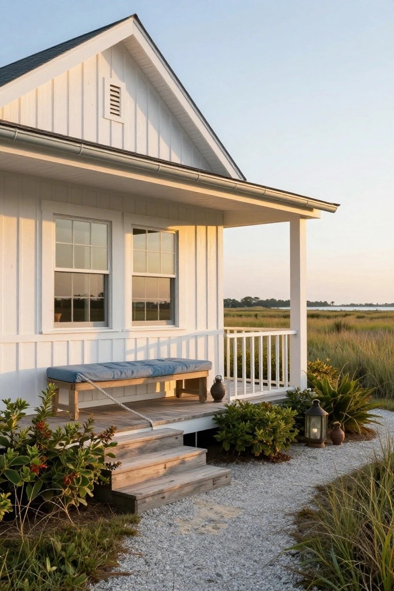 White vertical board-and-batten cottage exterior with gabled roof, wraparound porch including wooden bench with blue cushion, stairs, railing with rope accents, potted plants, lanterns, gravel path, and marsh grass landscape at dusk.