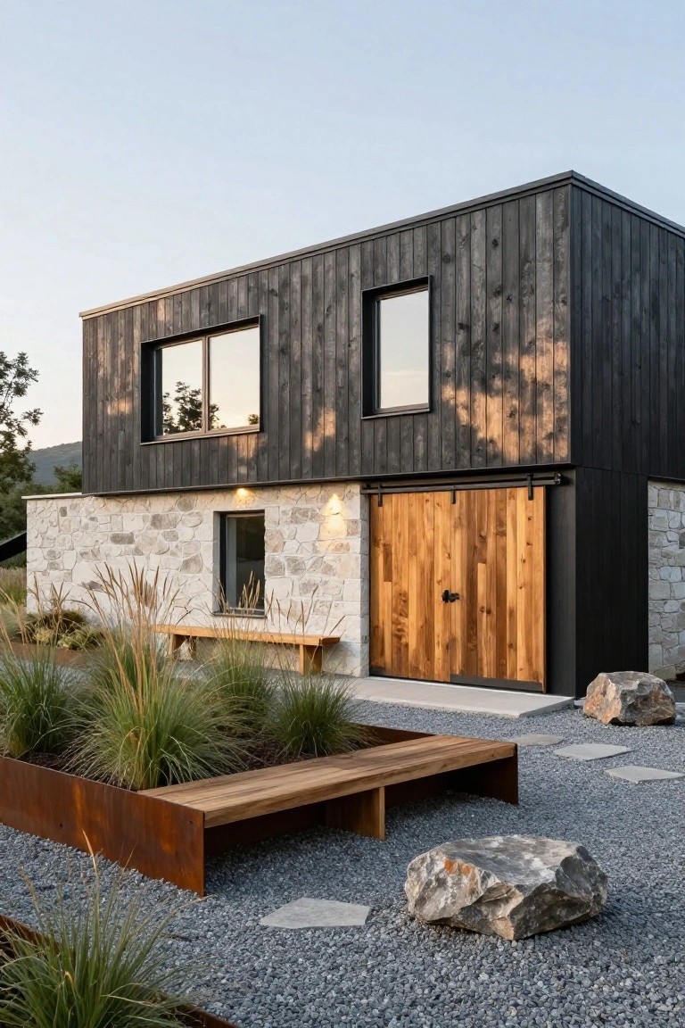 Modern two-level house exterior with black vertical wood cladding on upper facade, light beige stone walls on lower level and side, wooden sliding garage door, surrounded by gravel yard, ornamental grasses, metal-edged planter, wooden bench, and large rocks.