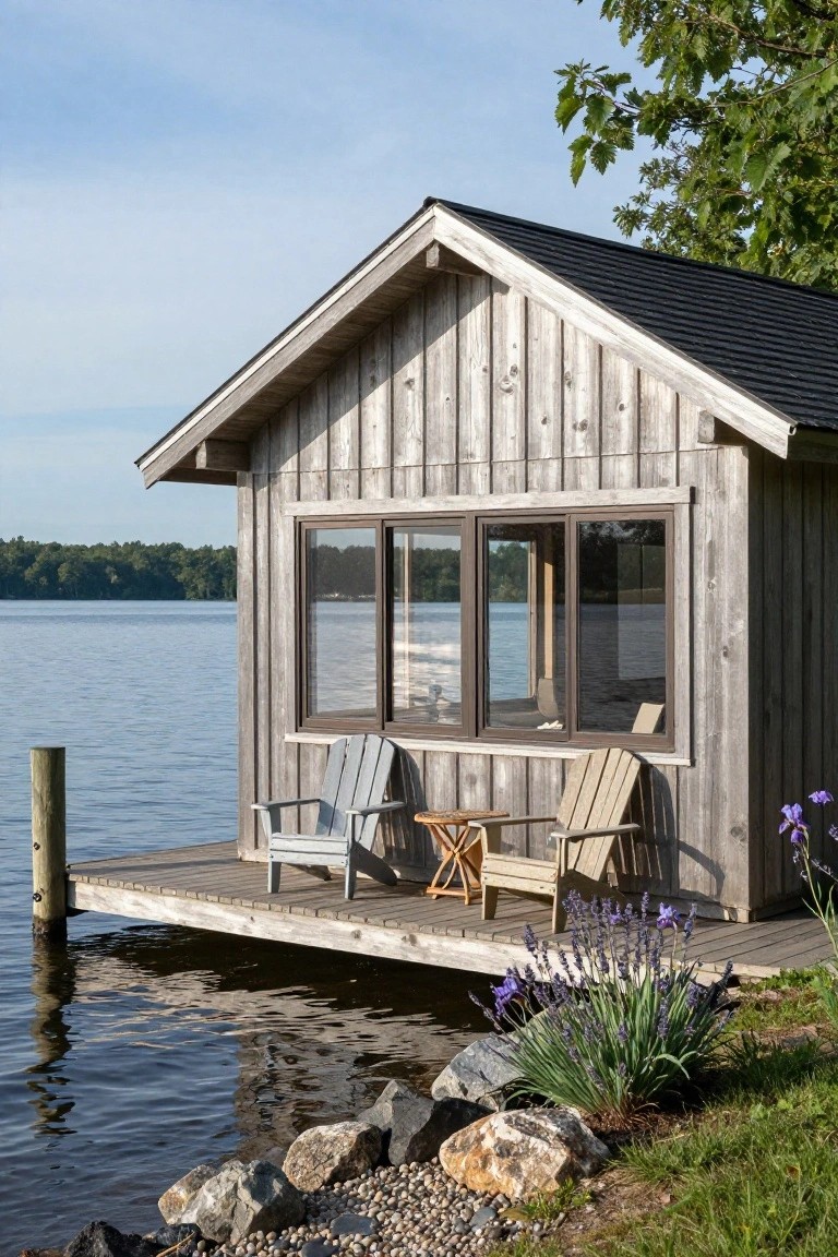 Small gray wooden cabin with vertical siding and black roof on a wooden dock over a lake, two Adirondack chairs and small table on the deck, purple iris plants and rocks nearby.