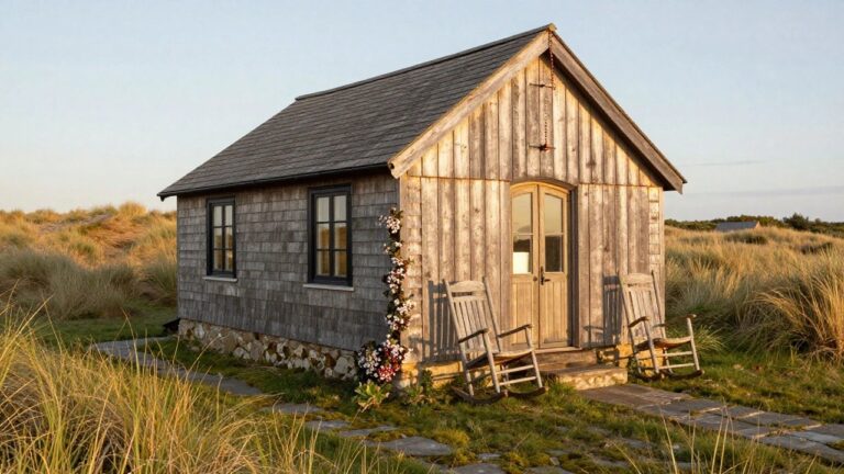 Small gabled cottage with dark vertical wood siding, shingle roof, arched black door, black-framed windows, stone foundation, two wooden rocking chairs on a slate path amid tall grasses and field.