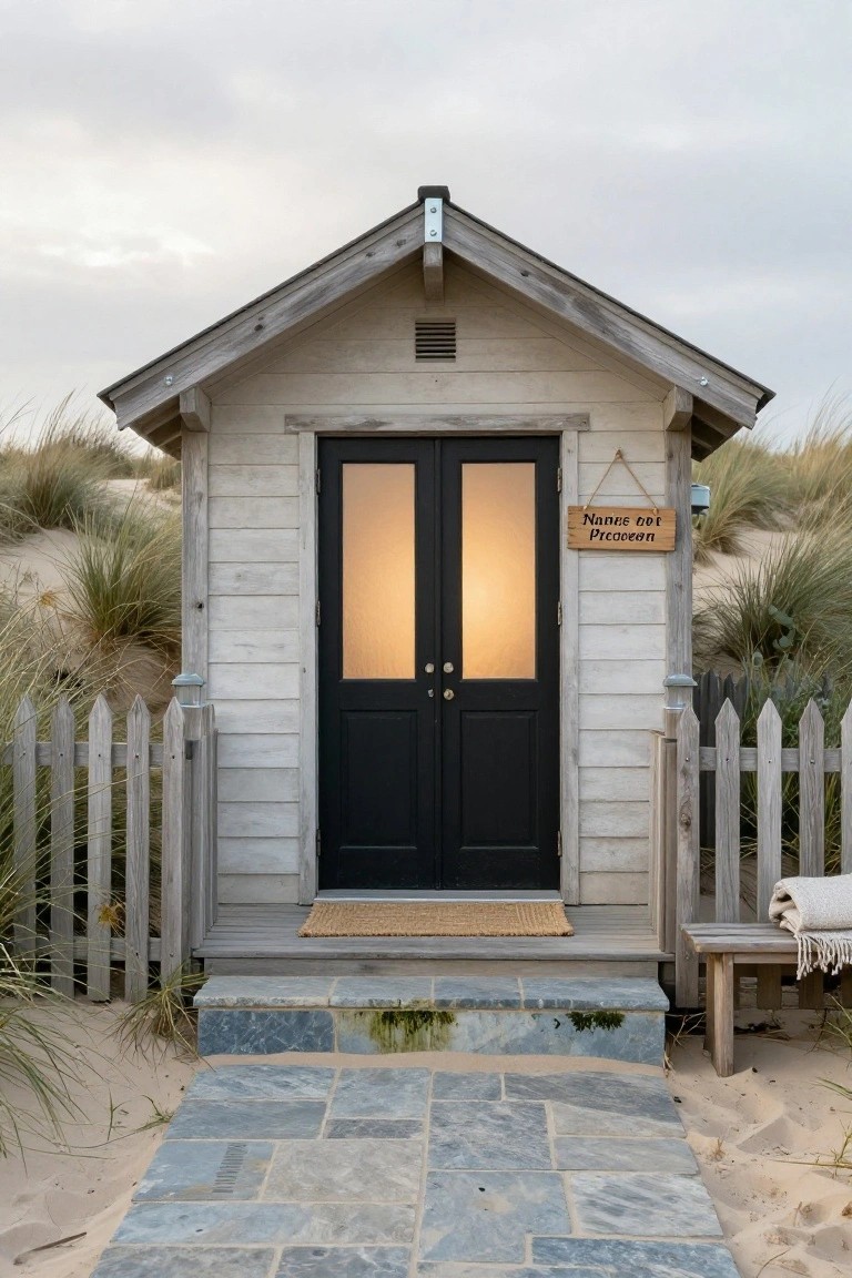 Small beachside wooden cottage with pale shiplap siding, black glass-paneled double doors, wooden sign reading Dames en Heren, picket fence, stone path and steps, wooden bench with blanket, surrounded by sand dunes and beach grass under cloudy skies.