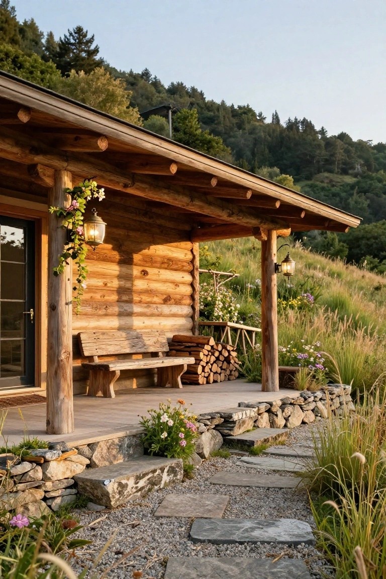 Wooden log cabin exterior with covered porch featuring round log posts, wooden bench, firewood stack, hanging lanterns, climbing plants, stone retaining wall, and flagstone path leading to grassy hillside surrounded by trees.