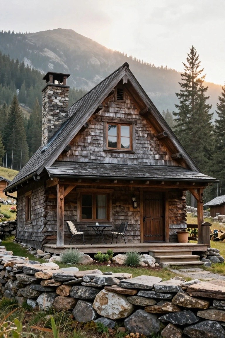 Small wooden cottage with dark shingle siding, steep gabled roof, stone chimney, covered front porch with chairs and table, stone retaining wall, surrounded by pine trees, rocks, and distant mountains in soft evening light.
