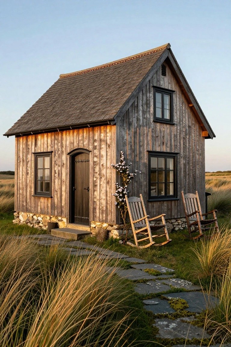 Small gabled cottage with dark vertical wood siding, shingle roof, arched black door, black-framed windows, stone foundation, two wooden rocking chairs on a slate path amid tall grasses and field.